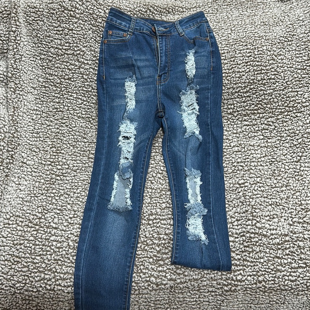 High Waisted Dark Blue Ripped Skinny Jeans